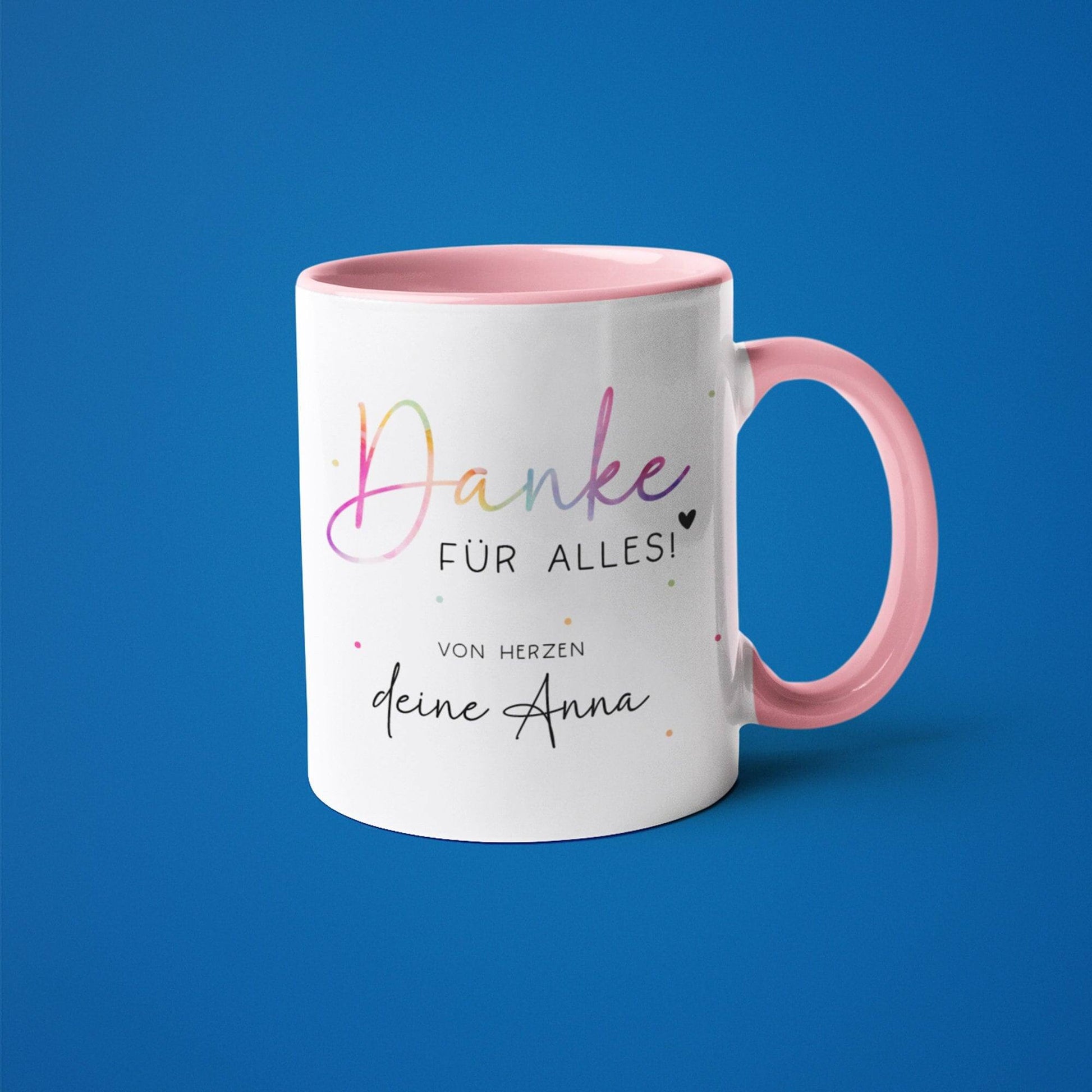 Personalisierte Tasse - Danke für alles -mit eigenen Wunschtext. Kaffee-Tasse Dankeschön-Geschenke Vatertag Muttertag Geburtstag Weihnachten  kleinebuchstaben Tasse - Rosa  