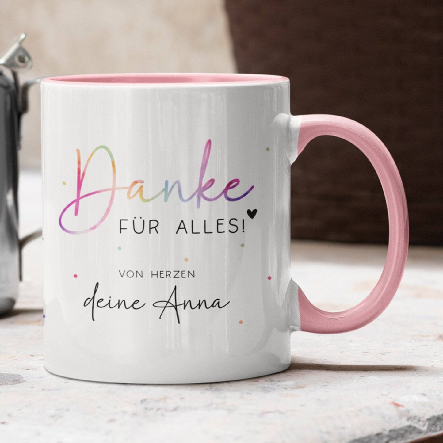 Personalisierte Tasse Danke für alles -mit eigenen Wunschtext. Kaffee-Tasse Dankeschön-Geschenke Vatertag Muttertag Geburtstag Weihnachten  kleinebuchstaben Innen & Henkel- Rosa  