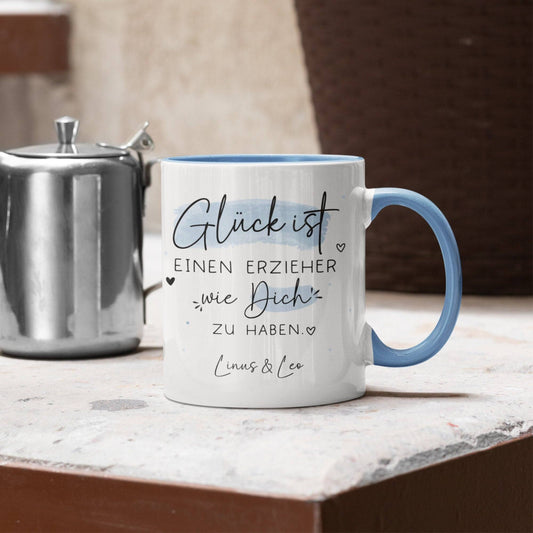 Personalisierte Tasse Erzieher Name mit Spruch "Glück ist einen Erzieher wie dich zu haben" zum Geburtstag, Geschenk, Ostern, Weihnachtsgeschenk, Abschied  kleinebuchstaben   