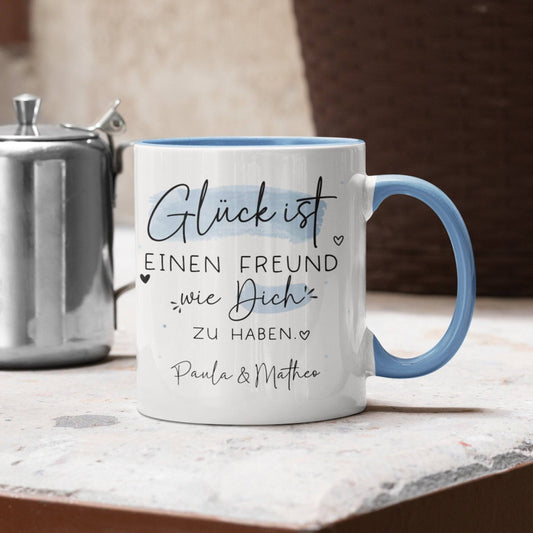 Personalisierte Tasse Freund Name Wunschname "Glück ist einen Freund wie dich zu haben" zum Geburtstag, Geschenk, Ostern, Weihnachtsgeschenk, Abschied  kleinebuchstaben   