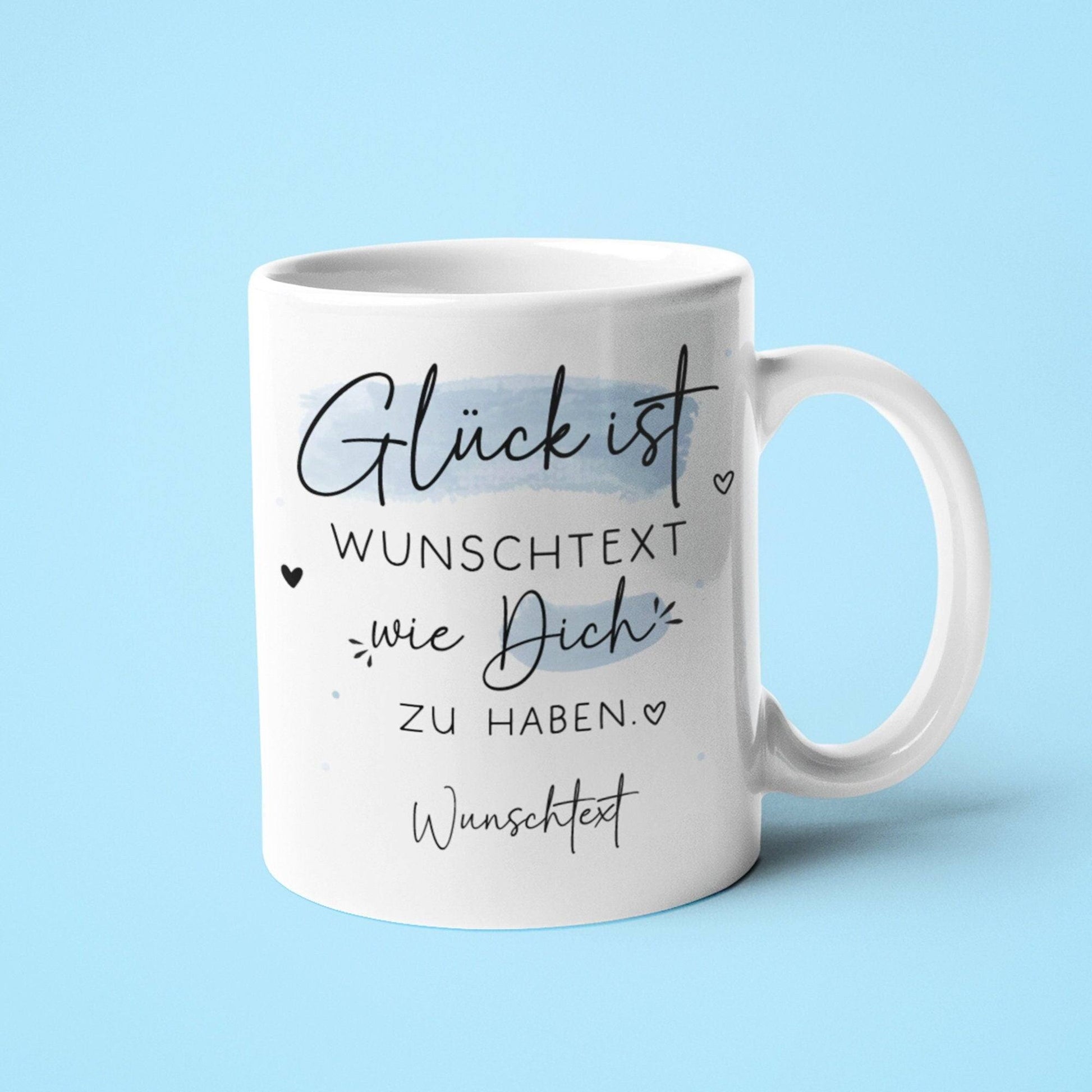 Personalisierte Tasse "Glück ist..." - Tasse komplett mit Wunschtext und Wunschname. Zum Geburtstag, Vatertag, Ostern, Weihnachten  kleinebuchstaben   