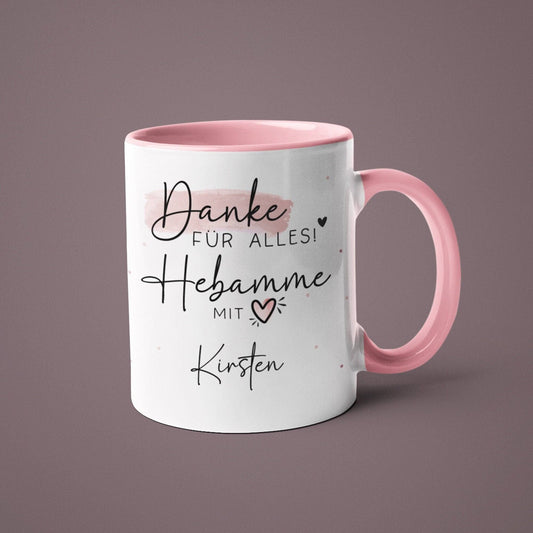 Personalisierte Tasse Hebamme mit Herz - Geschenkidee mit Wunschnamen - Danke für Alles! Geschenk - Hebamme Dankeschön - Schwangerschaft  kleinebuchstaben   