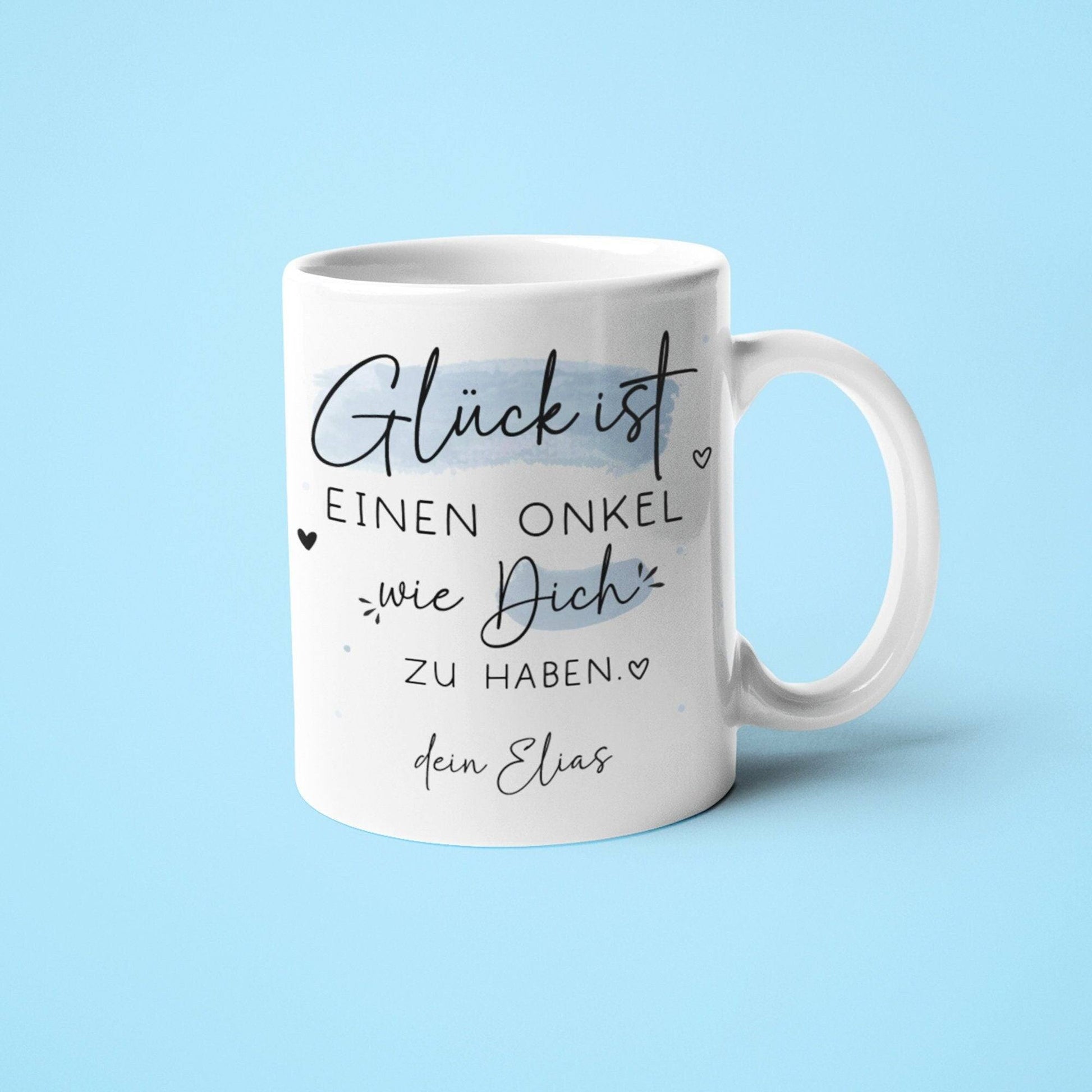 Personalisierte Tasse mit dem Spruch "Glück ist,einen Onkel wie dich zu haben". Perfektes Geschenk für Geburtstage, Ostern oder Weihnachten.  kleinebuchstaben   