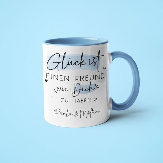 Personalisierte Tasse mit Spruch "Glück ist einen Freund wie dich zu haben" zum Geburtstag, Geschenk, Ostern, Weihnachtsgeschenk, Abschied  kleinebuchstaben   