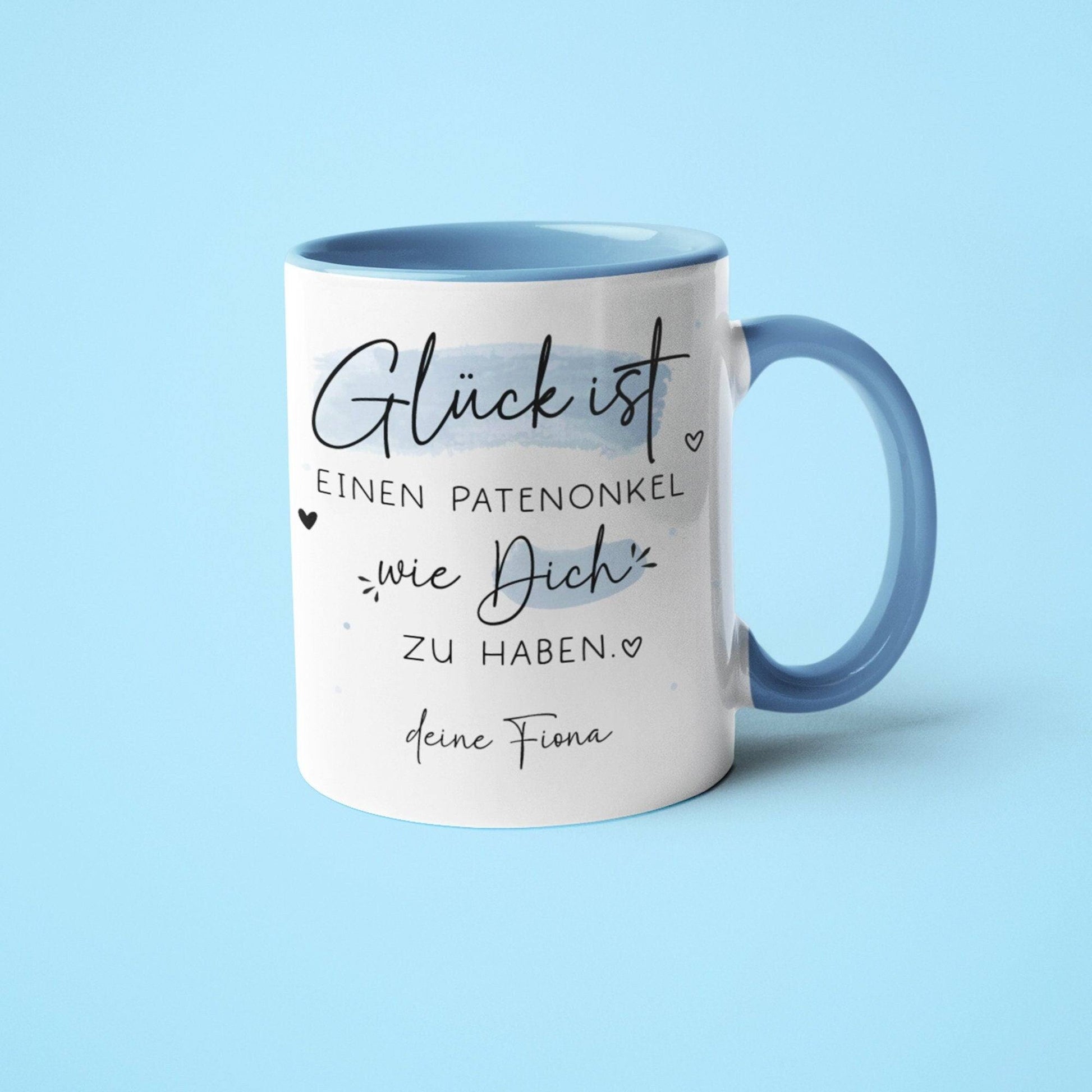 Personalisierte Tasse mit Spruch "Glück ist einen Patenonkel wie dich zu haben" zum Geburtstag, Geschenk, Ostern, Weihnachtsgeschenk  kleinebuchstaben   