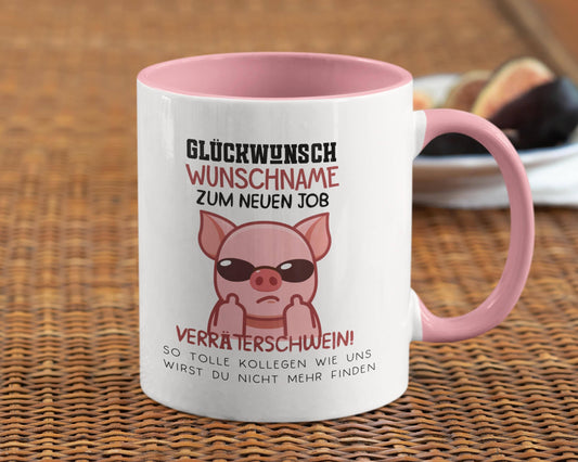 Personalisierte Tasse mit Spruch: Glückwunsch zum neuen Job Verräter! - Abschiedsgeschenk Kollegen - Kaffeetasse als Geschenk zum Abschied  kleinebuchstaben Innen Rosa  