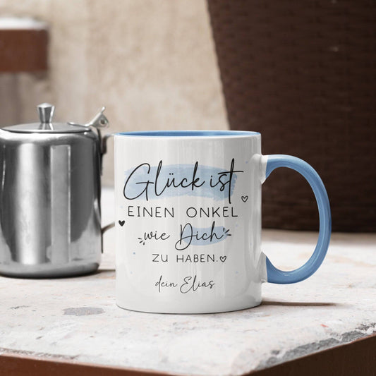 Personalisierte Tasse Onkel Name Wunschname "Glück ist einen Onkel wie dich zu haben" zum Geburtstag, Geschenk, Ostern, Weihnachtsgeschenk  kleinebuchstaben   