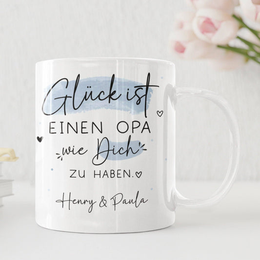 Personalisierte Tasse Opa mit Namen "Glück ist, einen Opa wie dich zu haben". Ideales Geschenk zum Geburtstag, zu Ostern, Weihnachten , für den Großvater.  kleinebuchstaben   