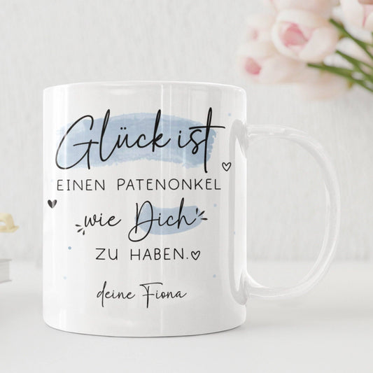 Personalisierte Tasse Patenonkel Name  "Glück ist, einen Patenonkel wie dich zu haben". Super Geschenk für Geburtstage, Ostern oder Weihnachten  kleinebuchstaben   