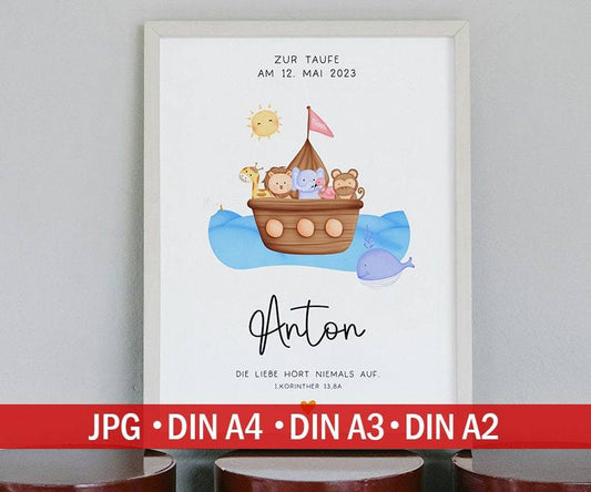 Personalisiertes Poster zur Taufe mit eigenen Namen und Taufspruch Arche Noah | Taufposter| Geschenk zur Taufe | Geschenk für Patenkind  kleinebuchstaben   