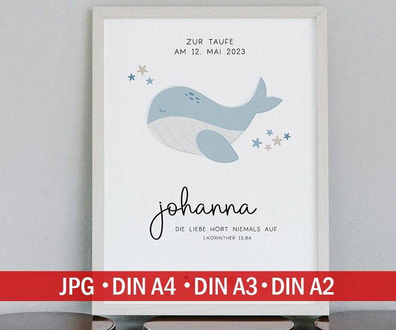 Personalisiertes Poster zur Taufe mit eigenen Namen und Taufspruch mit einem Wal | Taufposter| Geschenk zur Taufe | Geschenk für Patenkind  kleinebuchstaben   