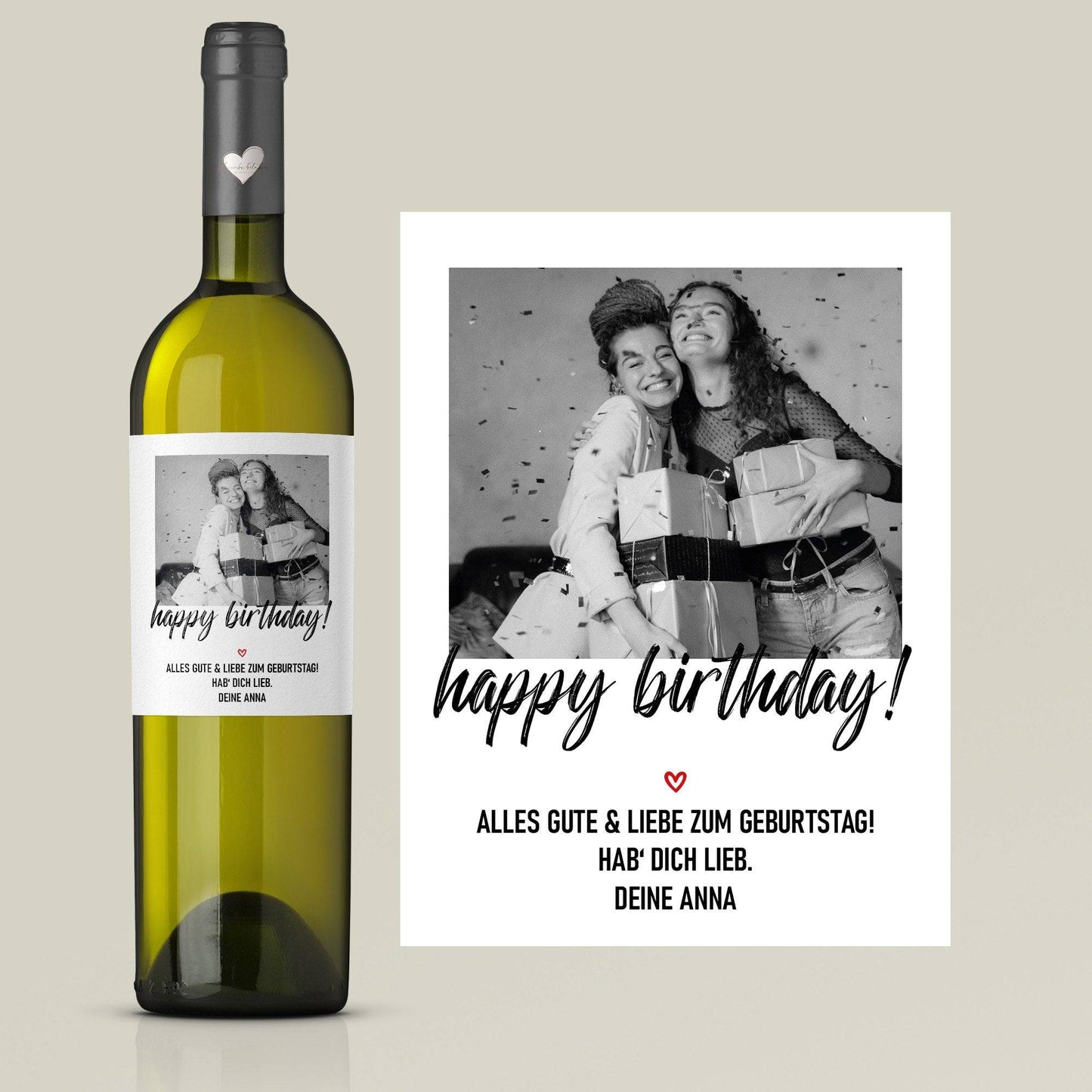 Personalisiertes - Weinetikett Geburtstags-Flaschenetikett "Happy Birthday" mit Foto & Namen - Schwarz  kleinebuchstaben   