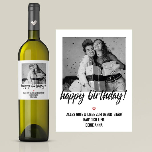 Personalisiertes - Weinetikett Geburtstags-Flaschenetikett "Happy Birthday" mit Foto & Namen - Schwarz  kleinebuchstaben   