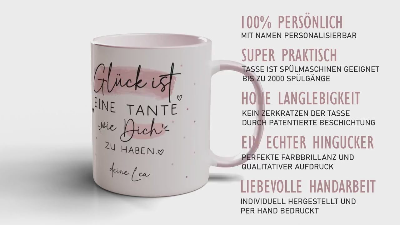 Handgefertigte Personalisierte Tasse mit Wunschnamen – Glück ist eine TANTE wie dich zu haben - Geschenk zu Ostern, Weihnachten, Geburtstag