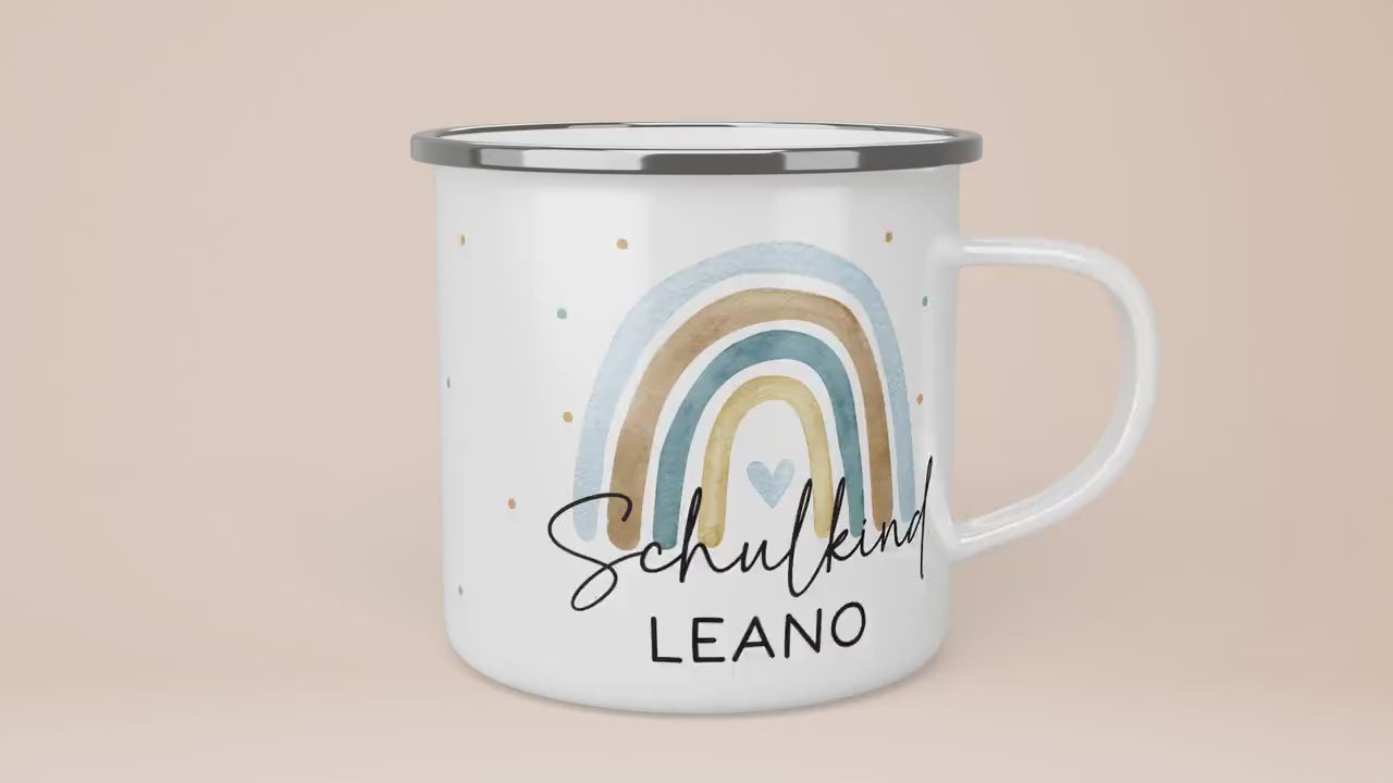 Schulkind Emaille Tasse Emaille Becher mit Namen personalisiert Regenbogen Rosa oder Blau für Jungs und Mädchen. Einschulung Geschenkidee