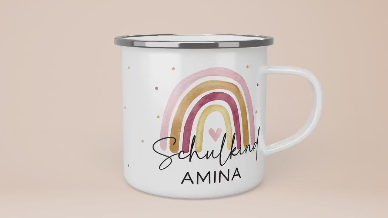 Schulanfang Schulkind Emaille Tasse Becher | Personalisiert mit Wunschnamen | Kindertasse zur Einschulung | Regenbogen Rosa Geschenk