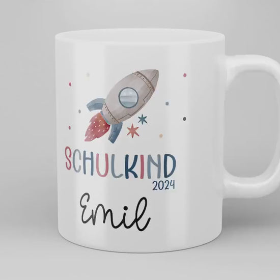 Schulkind 2024 Rakete Tasse Personalisiert mit Wunschnamen Kindertasse mit Namen zur Einschulung kleinebuchstaben