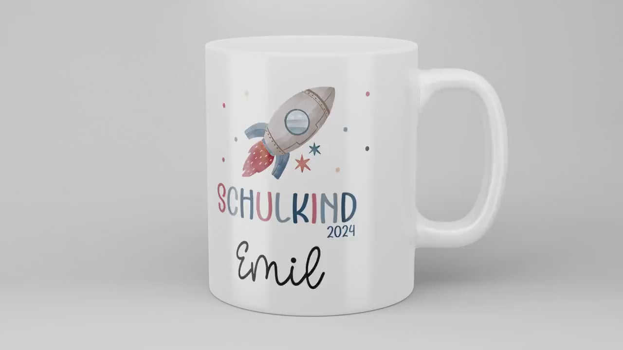 Schulkind 2024 Rakete Tasse Personalisiert mit Wunschnamen Kindertasse mit Namen zur Einschulung kleinebuchstaben