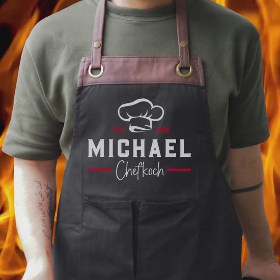 Grillschürze personalisiert für Männer mit Name Kunstleder Applikation zum Geburtstag - Geschenk Weihnachten Baumwollschürze, Küchenschürze