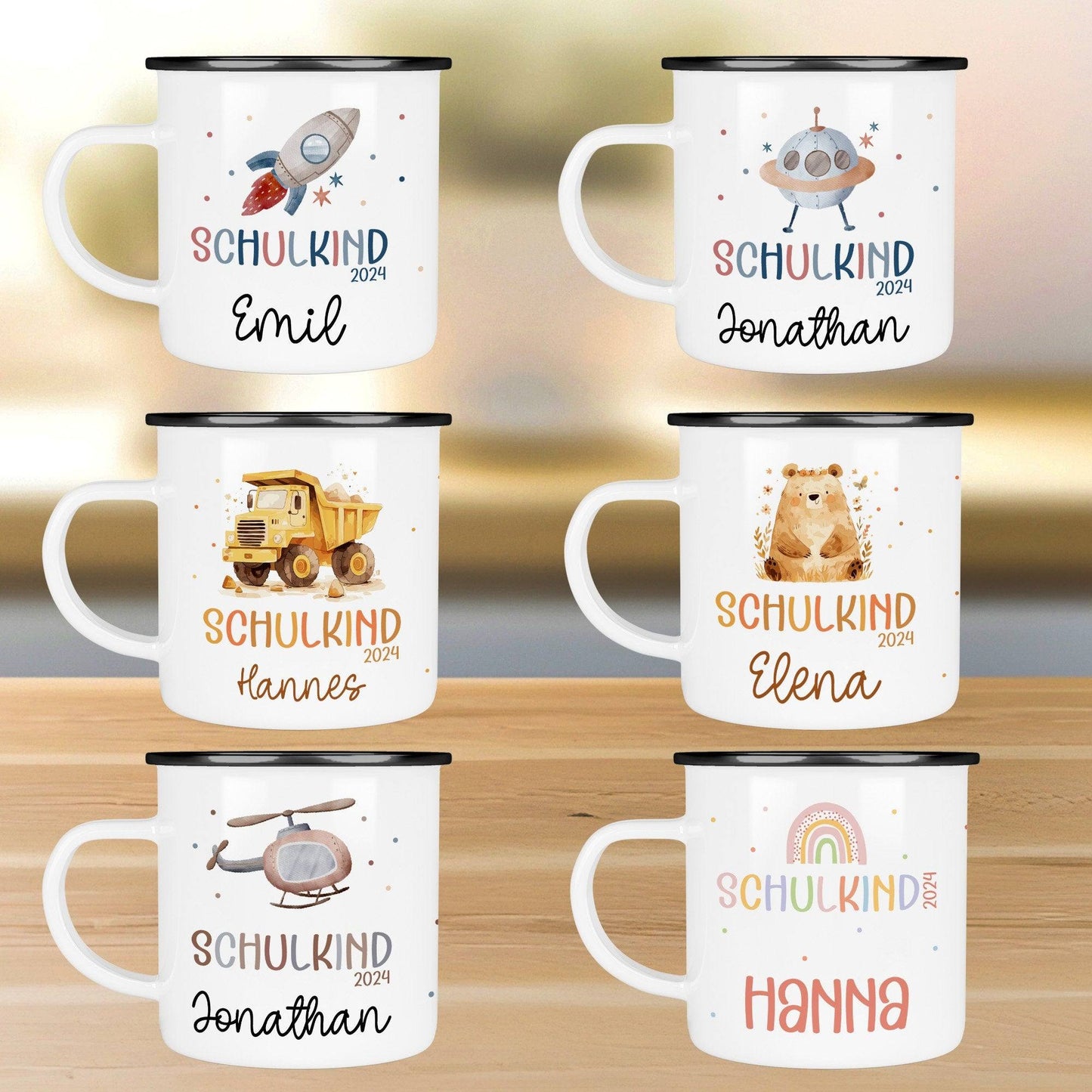 Schulanfang Kindertasse Schulkind 2024 Einschulung Name Emaille Tasse Kind personalisiert Kinder Hubschrauber LKW Rakete Regenbogen Bär Ufo  kleinebuchstaben   