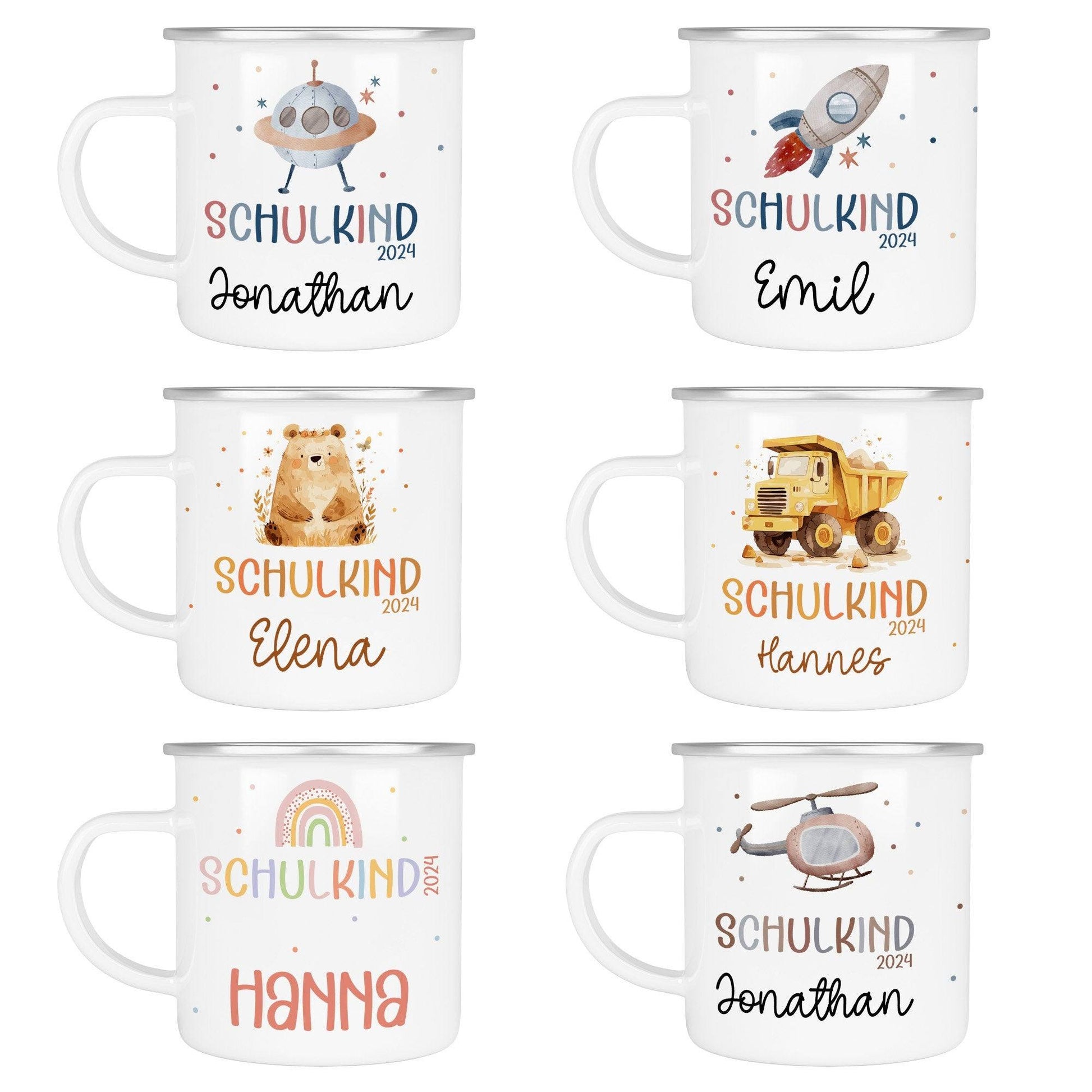 Schulanfang Kindertasse Schulkind Name Emaille Tasse Kind Kindergeschirr personalisiert Kinder Hubschrauber LKW Rakete Regenbogen Bär Ufo  kleinebuchstaben   