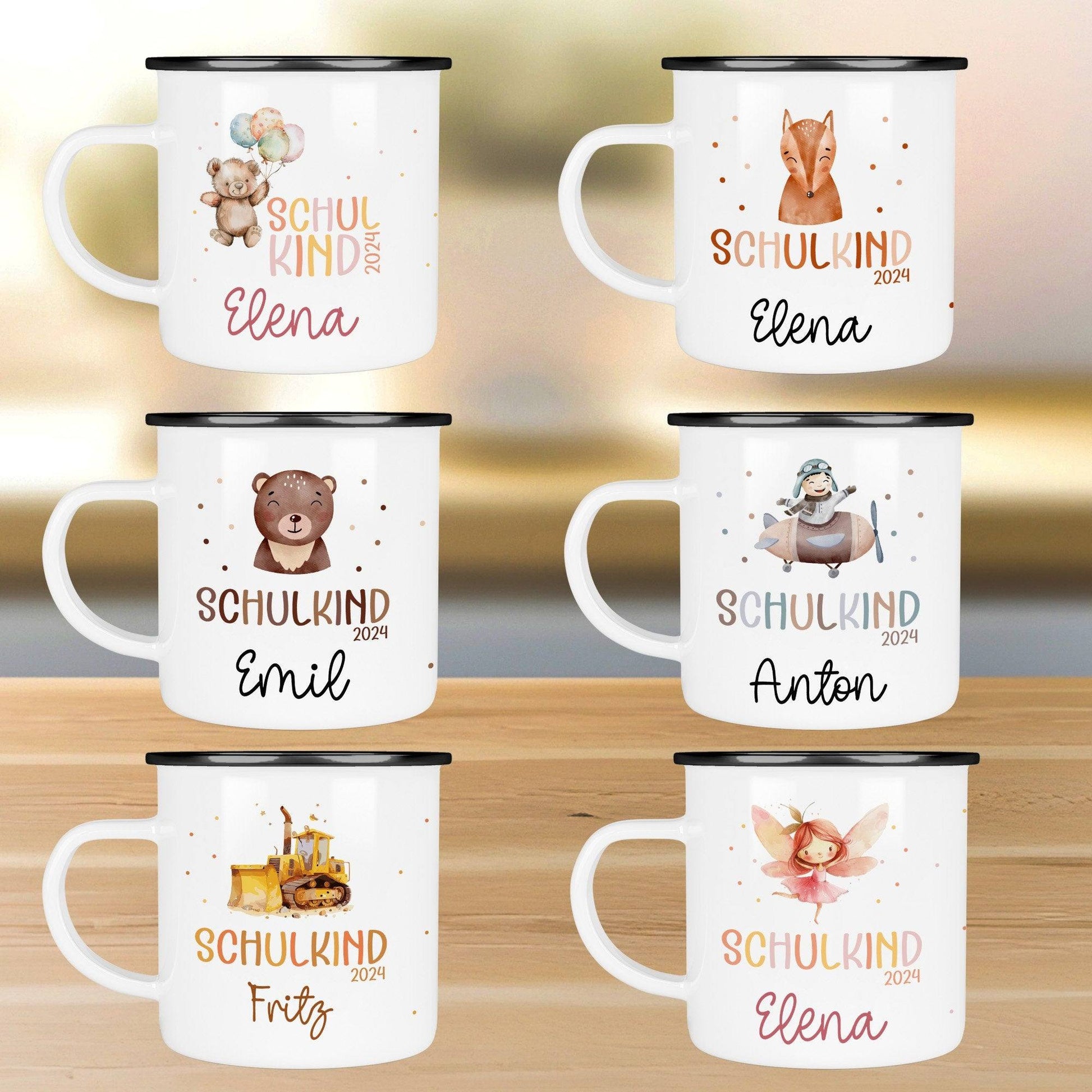 Schulanfang  Kindertasse Schulkind - personalisiertes Emaille- Einschulung mit Namen, Fuchs, Bär, Flugzeug, Fee Ballerina Bagger  kleinebuchstaben   