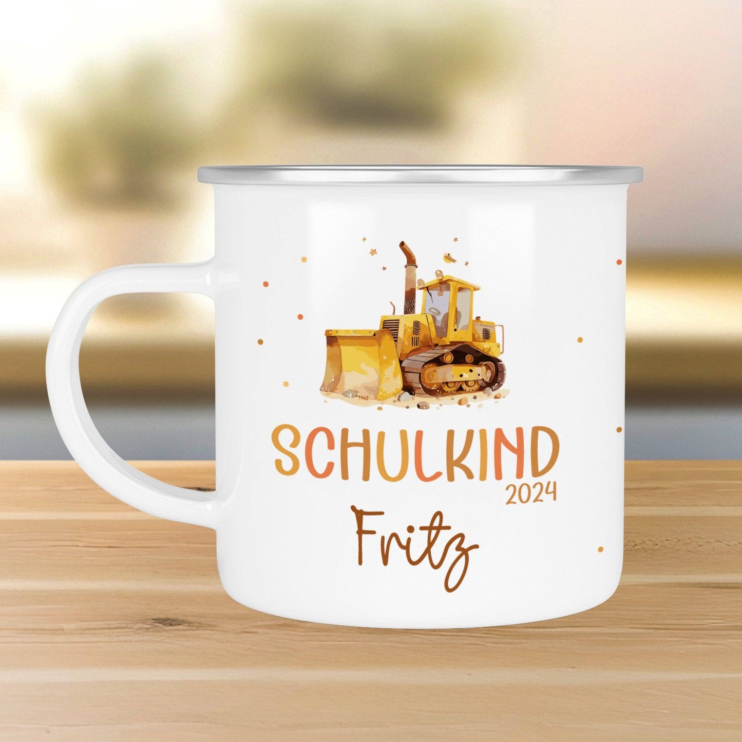 Schulanfang  Schulkind 2024 Emaille Kindertasse, Wunschnamen Bagger Motiv, Personalisierte Einschulung Geschenk  kleinebuchstaben   