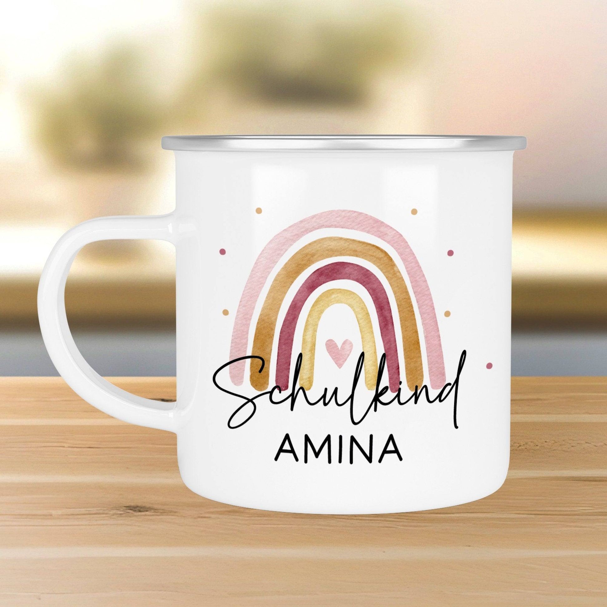 Schulanfang Schulkind Emaille Tasse Becher | Personalisiert mit Wunschnamen | Kindertasse zur Einschulung | Regenbogen Rosa Geschenk  kleinebuchstaben Schulkind Regenbogen Silber 