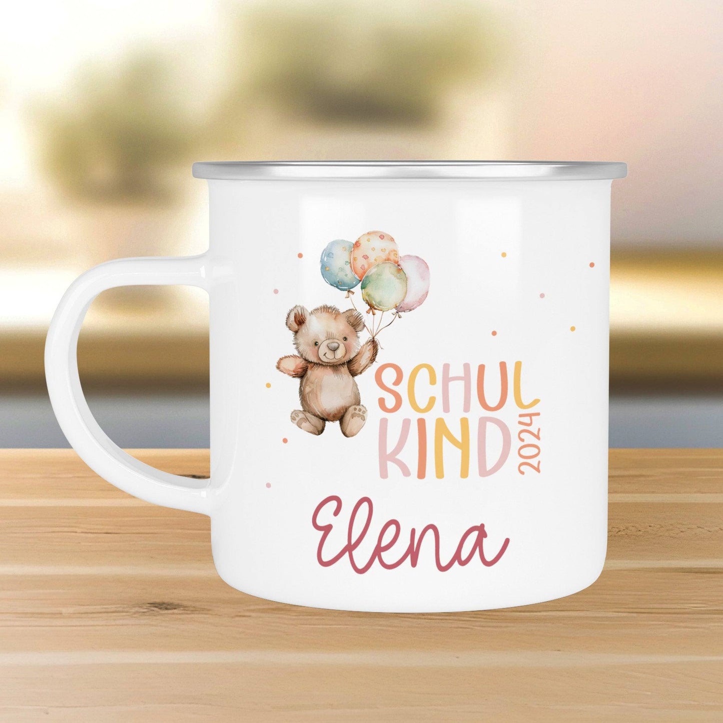 Schulkind 2024 Emaille Tasse, personalisiertes Einschulungsgeschenk, personalisierte Tasse für Jungen und Mädchen Schulanfang  kleinebuchstaben   