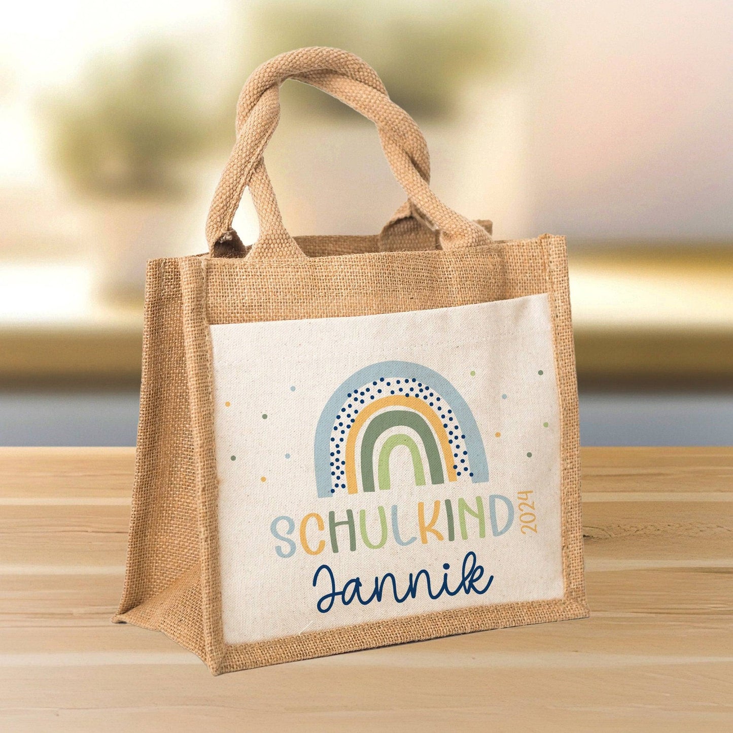 Schulkind 2024 Tasche , Regenbogen Blau Schultasche, Geschenk Einschulung, Schultüte, personalisierte Jutetasche, Einschulungsgeschenk Jungs  kleinebuchstaben   