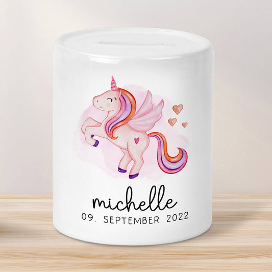 Spardose Einhorn Name Personalisiert für Mädchen zum Geburtstag, Taufe Kommunion Firmung Konfirmation, Weihnachten - Keramik - Wunschnamen  kleinebuchstaben Einhorn einzeln  