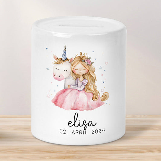 Spardose Einhorn Prinzessin Name Personalisiert für Mädchen zum Geburtstag, Taufe Kommunion Firmung Konfirmation, Weihnachten - Keramik  kleinebuchstaben Einhorn Weiß Prinzessin - Rosa  