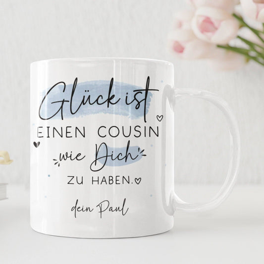 Tasse Cousin Personalisiert Name "Glück ist einen Cousin wie dich zu haben" -perfekt als Geburtstags-,Ostern-, Weihnachtsgeschenk mit Wunschnamen!  kleinebuchstaben   