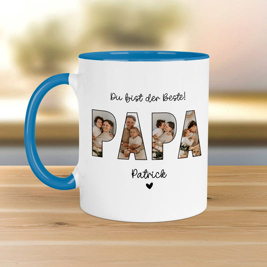 Tasse Vatertag Foto Papa Name mit Fotos personalisiert - mit eigenen Bildern selbst gestalten - Bester Papa, Vater, Dad Geschenk als Vatertagsgeschenk Geburtstag  kleinebuchstaben Papa mit Namen - Blau  