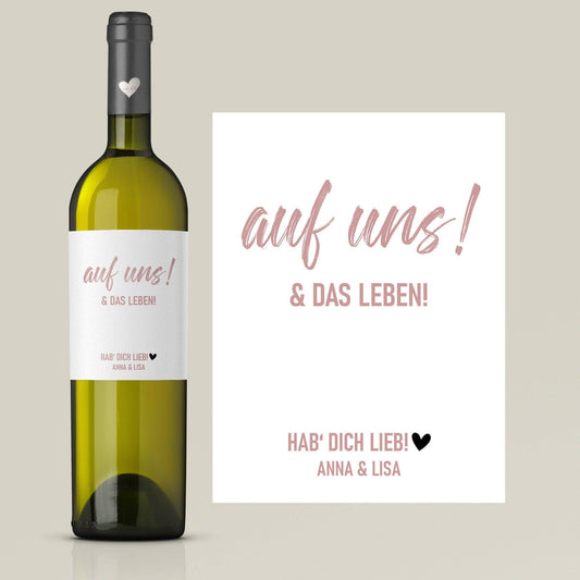 Weinetikett mit Namen, auf uns und das Leben, Wunschname Etikett, Geburtstagsgeschenk für Weinliebhaber - Rosa  kleinebuchstaben   