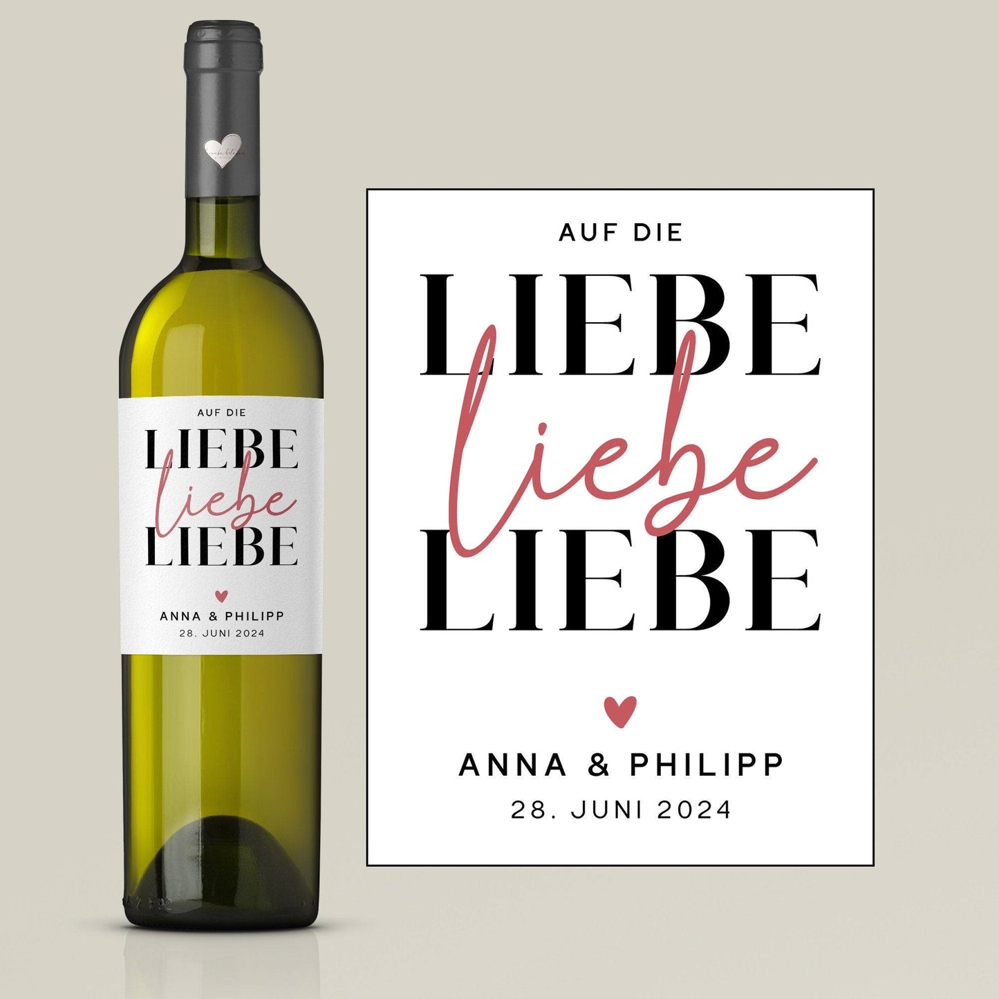 Weinlabel | Hochzeitsgeschenk | Auf die Liebe Liebe Liebe | Wein Flaschen Etikett | Personalisiert mit Namen und Datum | Geschenk Brautpaar  kleinebuchstaben   