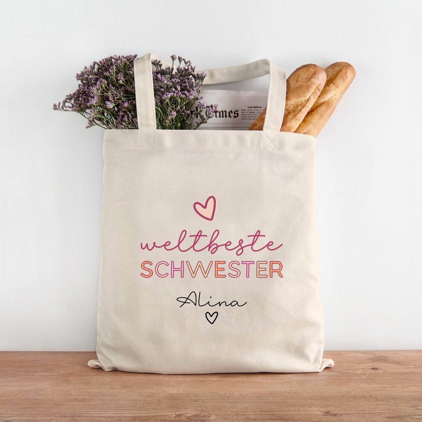 Weltbeste Schwester Tasche Stoffbeutel - mit Wunschname - Einkaufstasche - Tolle Geschenkidee für mit Namen zum Geburtstag Personalisiert  kleinebuchstaben   