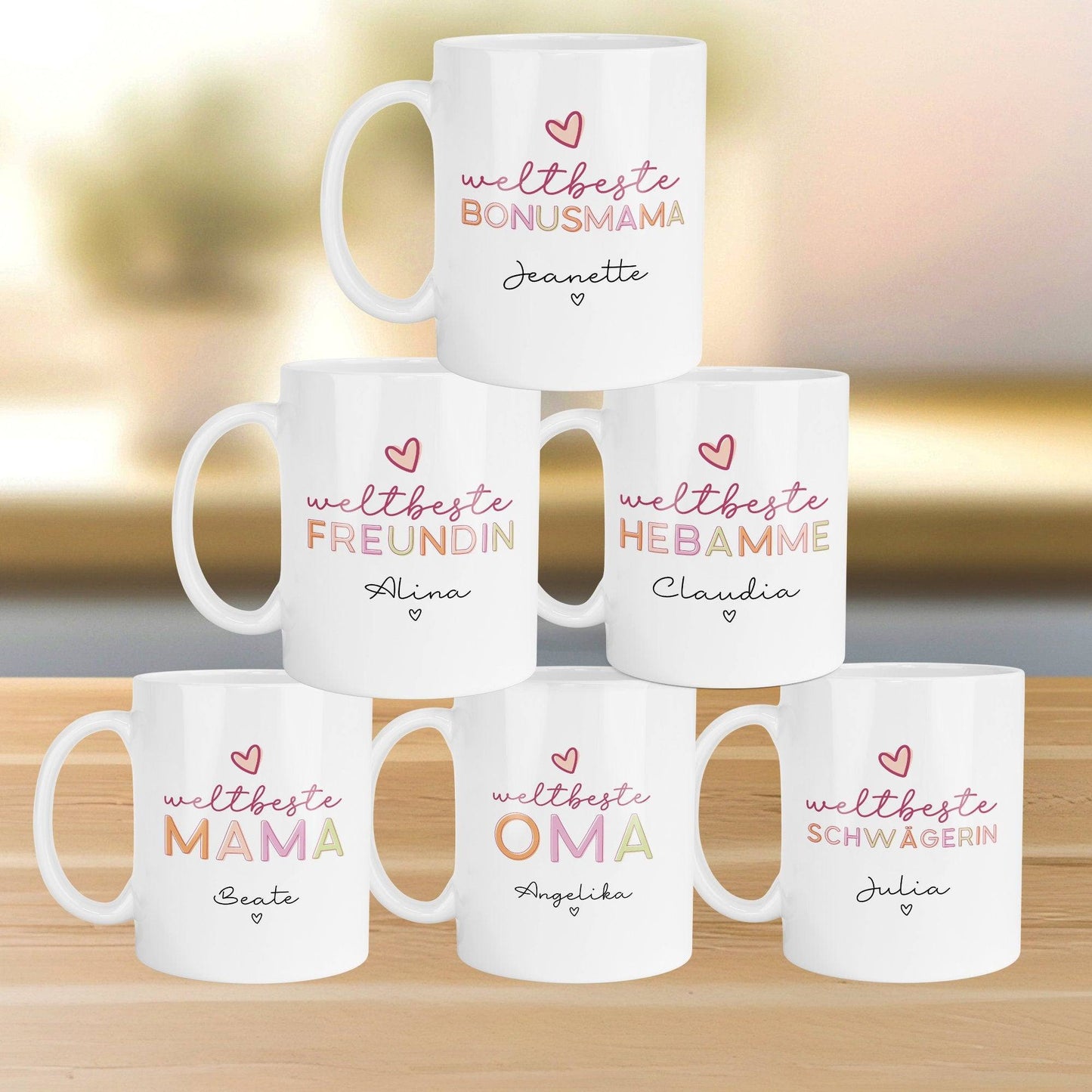 Weltbeste Tasse mit Namen - Bonusmama, Freundin, Hebamme, Mama, Oma, Schwägerin, Schwester, Tante, Trauzeugin.  kleinebuchstaben   